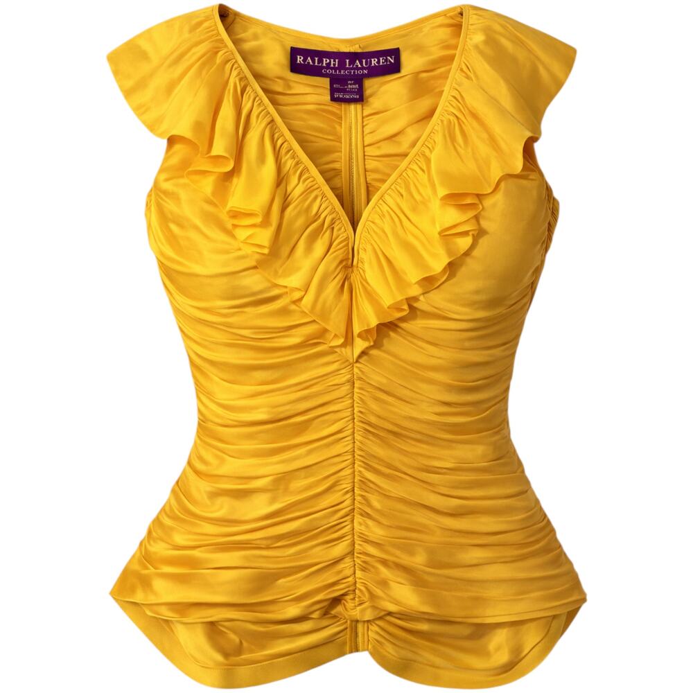RALPH LAUREN COLLECTION PURPLE LABEL Silk Blouse‎ Top 12 Yellow Ruffle Ruching